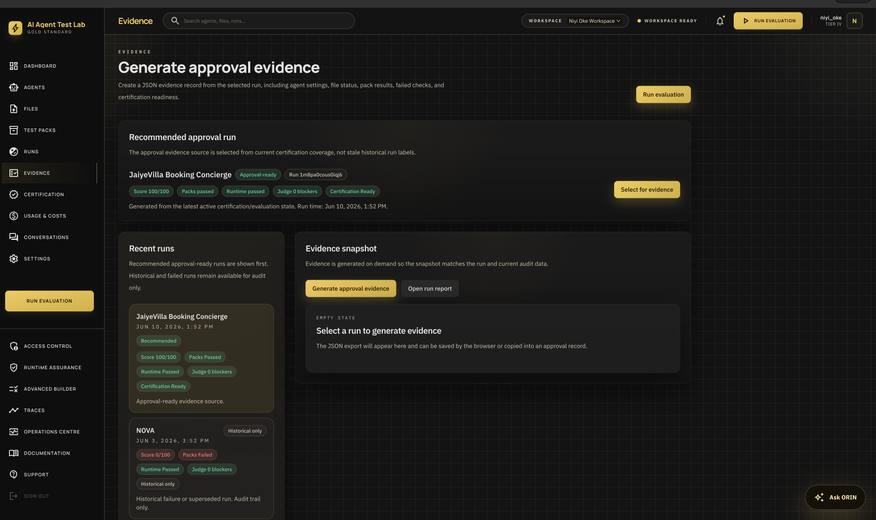 AI Agent Test Lab evidence generation screen